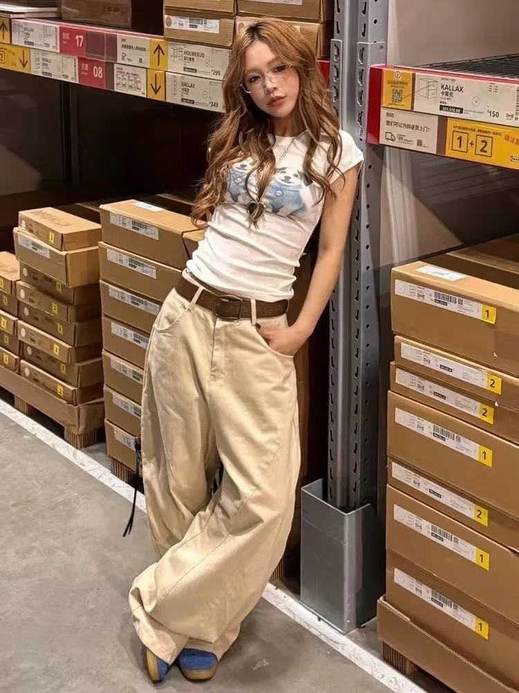 Szerokie spodnie damskie do biura, lniane, plisowane, sznurowane, wygodne, kawaii, dla uczennic, oddychające, estetyczne, spodnie na wiosnę.