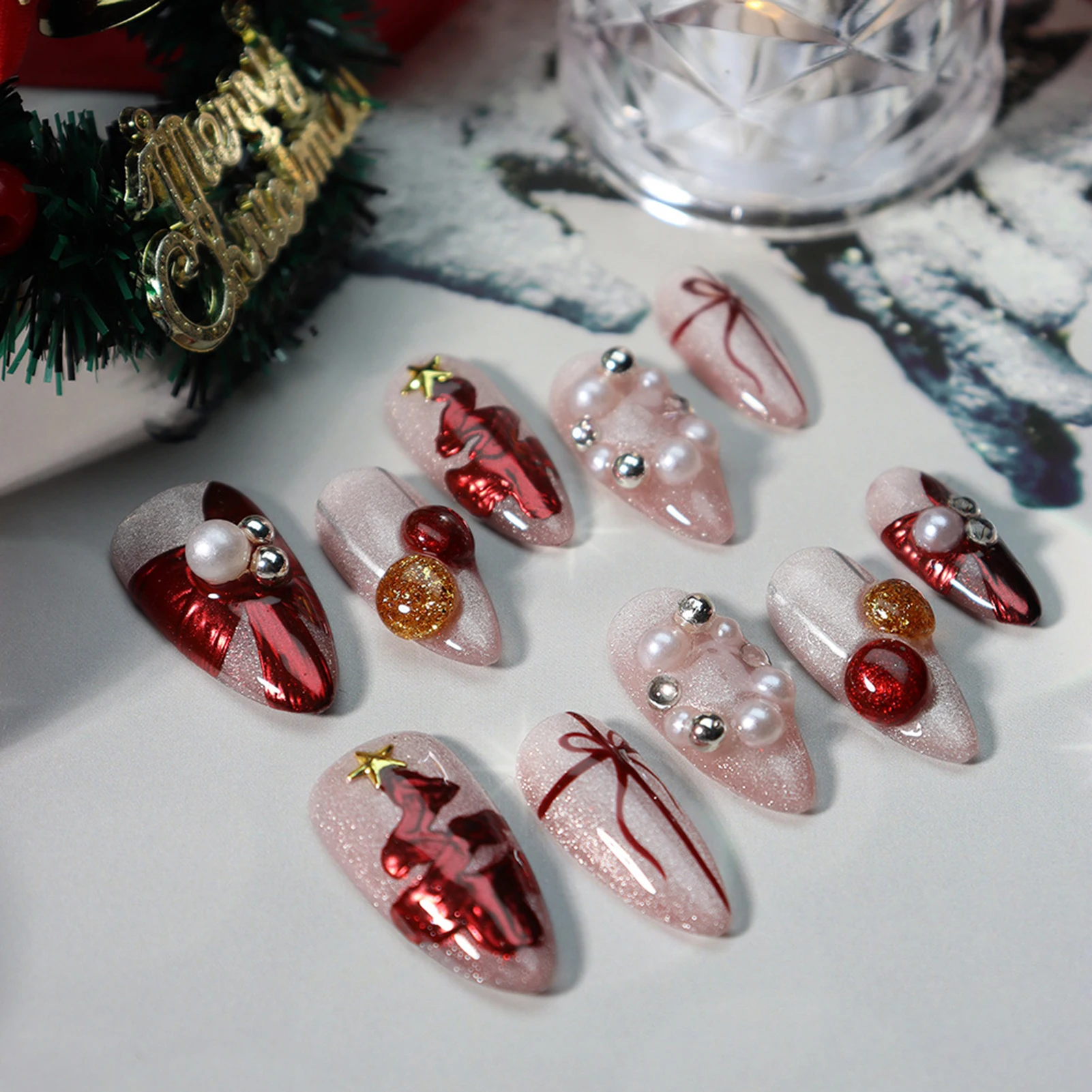 Glitter Cat's Eye Handmade Press On Nails Red Flash Stripes Almond False Nails with Red Pearl Decor 10PCS Pink Fake Nails Long