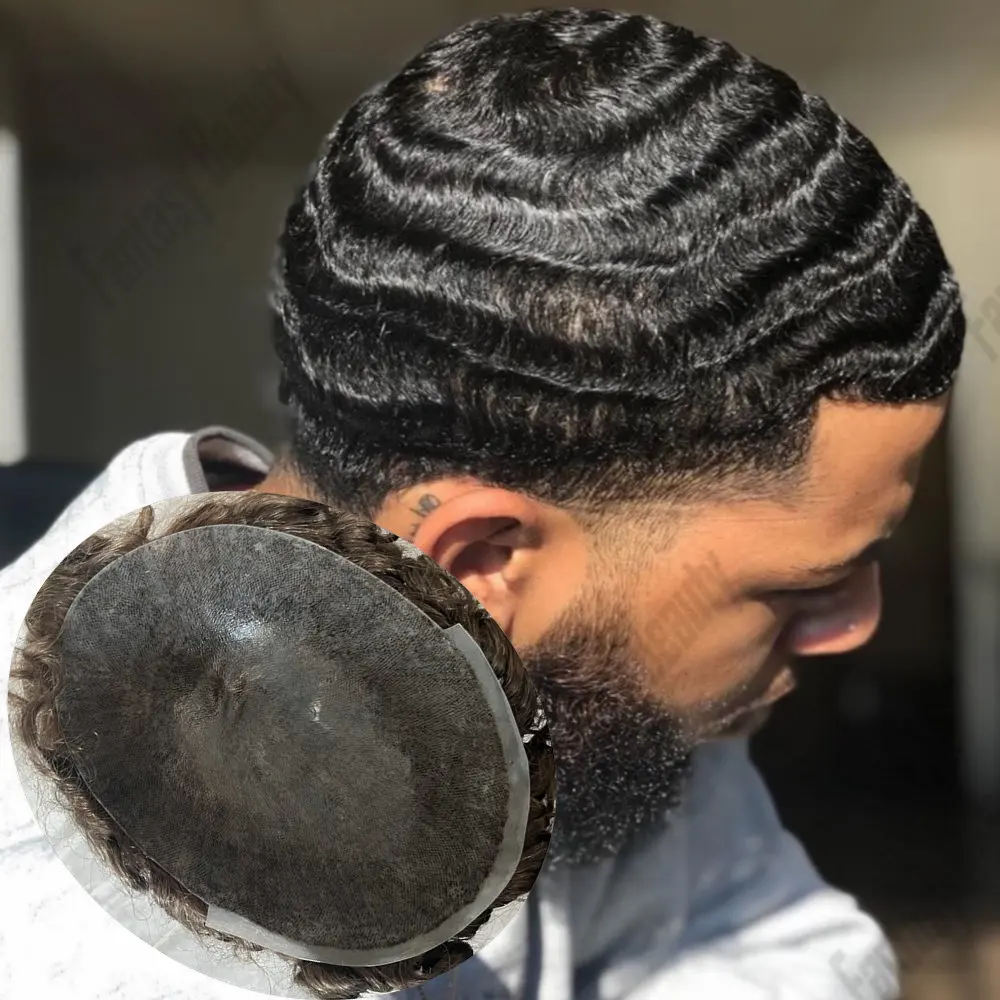 

Незаметный мужской парик-накладка 10 мм с глубокими волнистыми локонами, 100% натуральные человеческие волосы, черный/серый (1B65, 1B80), прочный тонкий полиуретановый протез для замещения волос при облысении