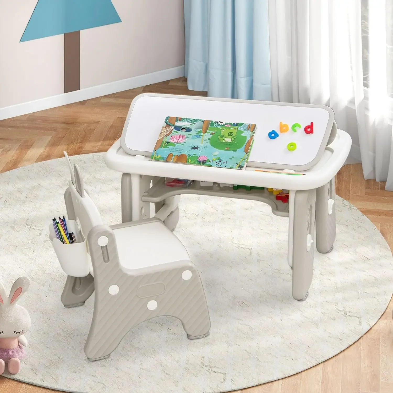 Kids Table and Chair Set, Activity Table with Magnetic Drawing Board 4 Gears Adjustable Height Bookshelf Watercolor Pens,