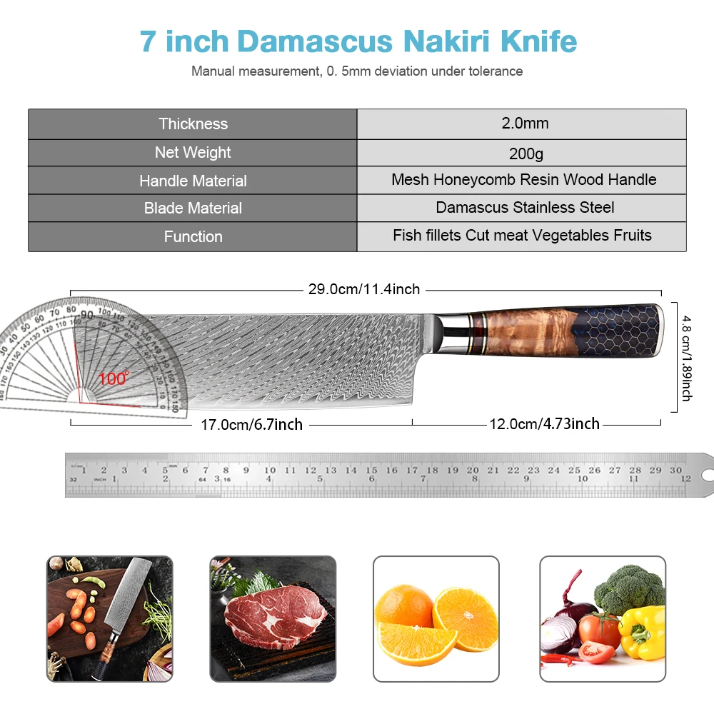 Japanese Nakiri Knife,7 Inch VG10 Damascus Steel 67 Layers Ultra Sharp Kitchen Knife Meat Slicing Vegetable and Fruit Knife