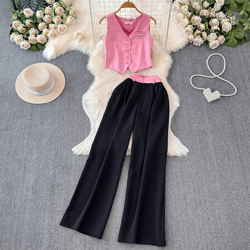 

Temperament suit suit pants women's summer V-neck sleeveless vest high waist straight leg wide leg pants two-piece set