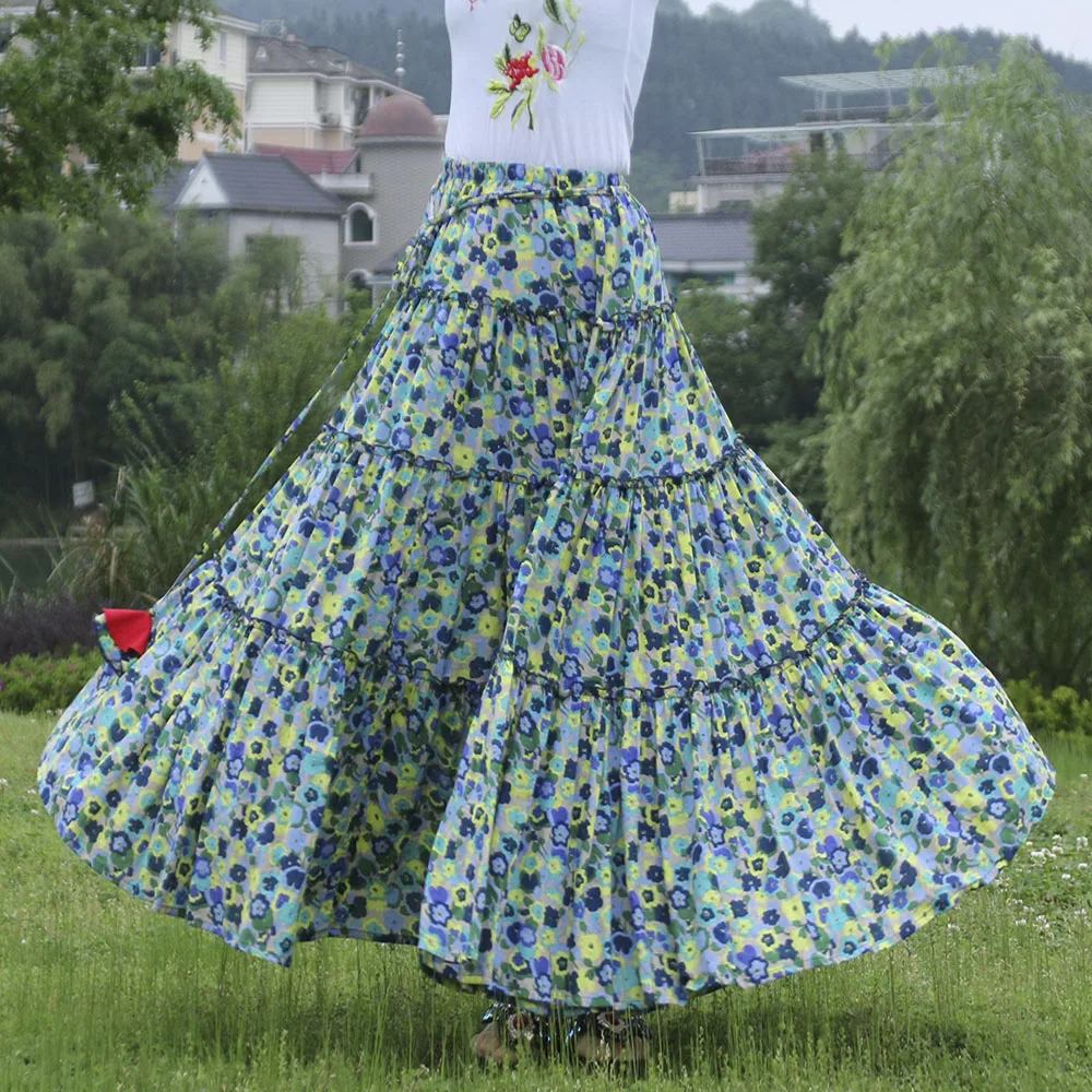 Free Shipping 2022 New Fashion Long Maxi A-line Elastic Waist Women Summer Spring S-2XL Cotton Linen Print Big Hem Skirts