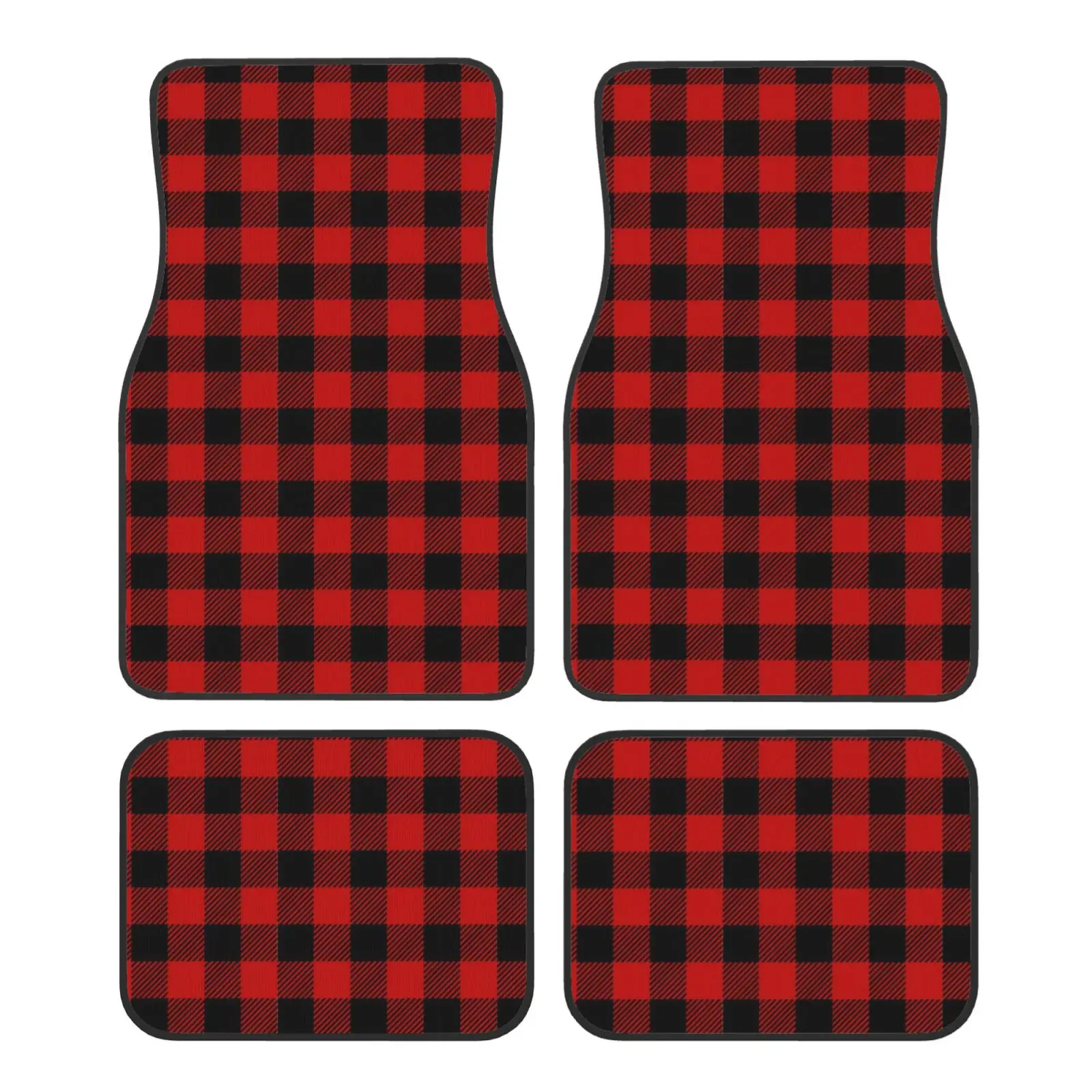 Red Black Checkered Pattern Car Floor Mats Set 4 Pcs Front and Rear Foot Mats Carpet Universal Car Accessories for SUV Van Sedan