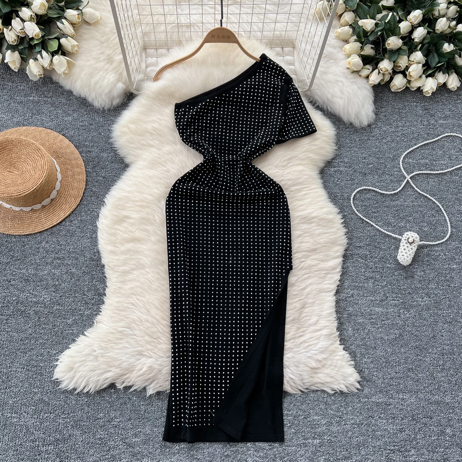 Elegant Diagonal Collar Vintage Single Short Chic Rhinestone Slim Split Dress Korean Fashion Evening High Street Summer Clothing