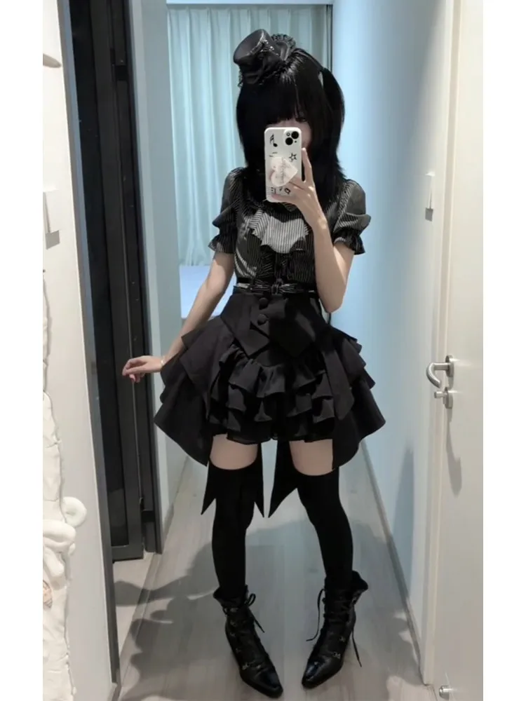 Japanese Gothic Lolita Subculture 3 Piece Set Women Summer Slim Fit Striped Bow Puff Sleeve Ruffle Blouse Layered Mini Skirt - view 2