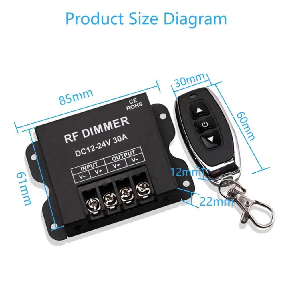 Kontroler ściemniacza LED 30A Niskie napięcie 12-24V z 3-przyciskowym bezprzewodowym pilotem RF do jednokolorowej taśmy świetlnej LED