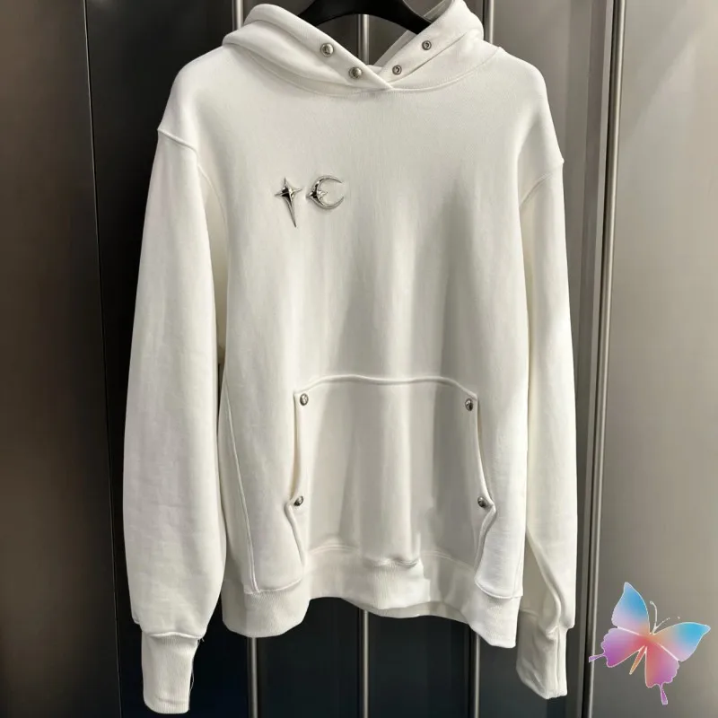 

Hiphop Street Oversized White Thug Club Hoodies High Quality Front Back Metal Star Moon Logo Buckle Hood Sweatshirt Men Women