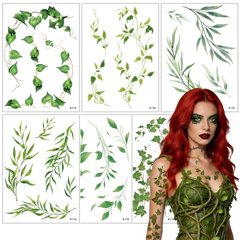 Green Leaf Vine Temporary Tattoo Sticker, Waterproof Fake Tattoo for Women, Spring Summer Body Art, Forest Plant Design