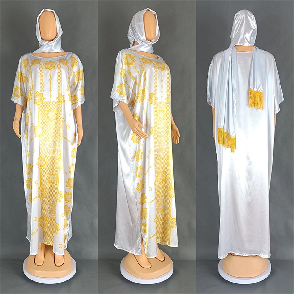 Satin Robe African Women Maxi Dress with Scarf Turkey Dubai Abaya Morocco Jalabiya Eid Ramadan Africa Ankara Dashiki Clothing