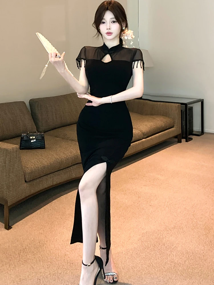 Schwarzes Patchwork-Mesh-transparentes sexy langes Kleid für Frauen 2025, koreanisches Vintage-Luxus-Abschlussballkleid, Sommer, elegantes, figurbetontes Abendkleid