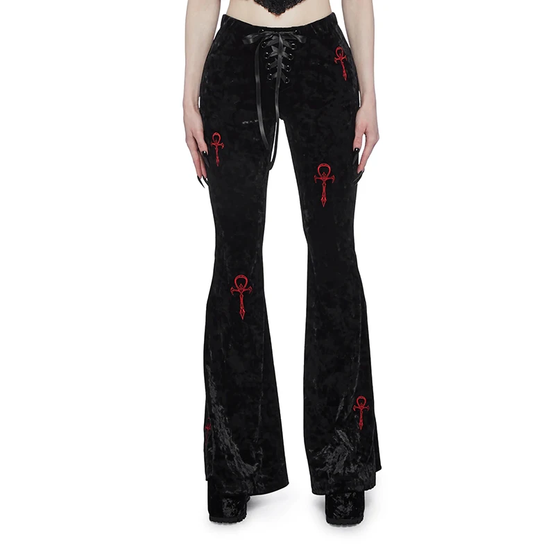 Lilac XN Y2K Goth Black Velvet Lace-up Flared Pants Gothic Vintage Cross Embroidery Long Trousers Women Autumn Pants Streetwear