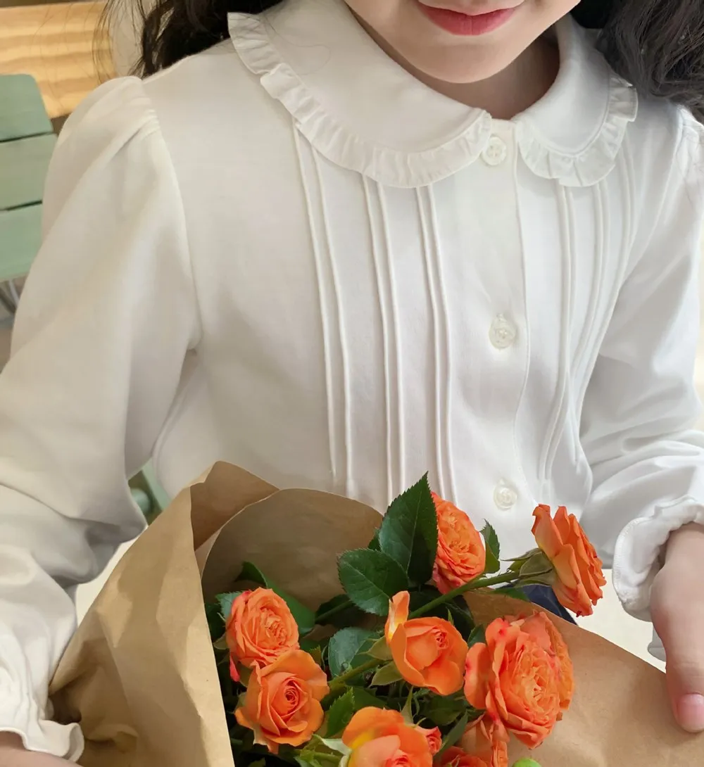 

Autumn kids girls clothes baby tops Black fungus edge big lapel Girl's shirt White classic and minimalist long sleeved shirt