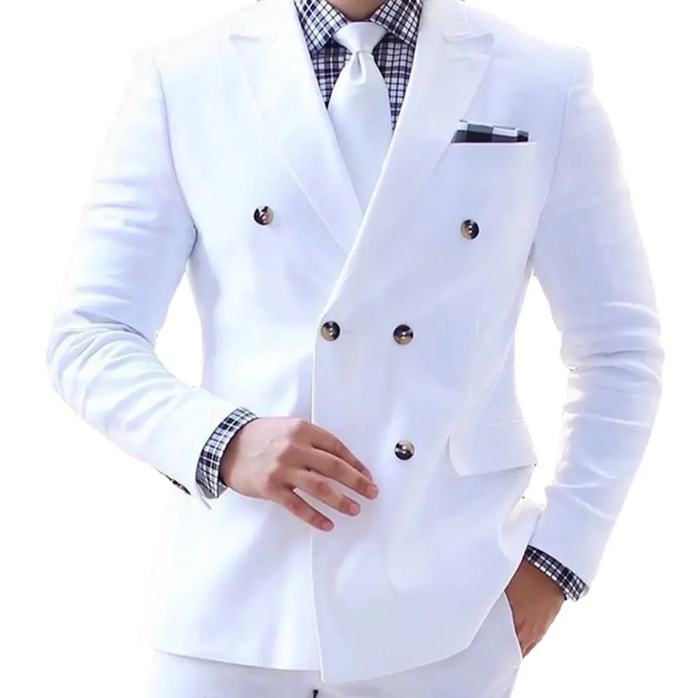 Elegant Double Breasted White Wedding Suits for Men Formal Peak Lapel Chic Blazer Groom Custom Outfits 2 Piece Jacket Pants Set