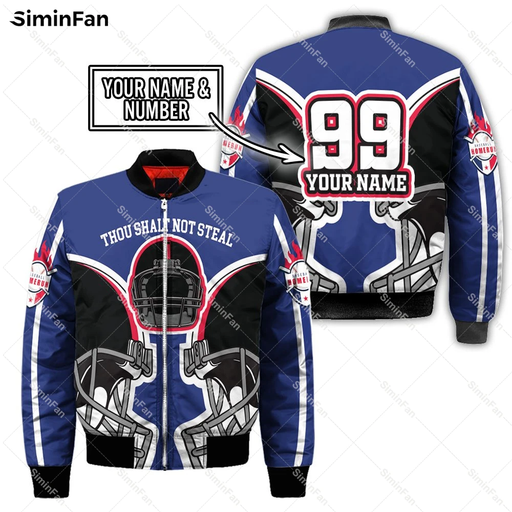 

Custom Name Number Baseball 3D All Over Printed Bomber Jacket Mens Quilted Cotton Coat Unisex Windproof Outerwear Female Top