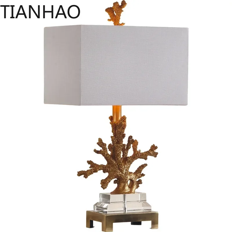 American Vintage Resin Gold Table Floor Lamp Creative Resin Coral Crystal Desk Lights Bedroom Bedside Hotel Decorative Lamp