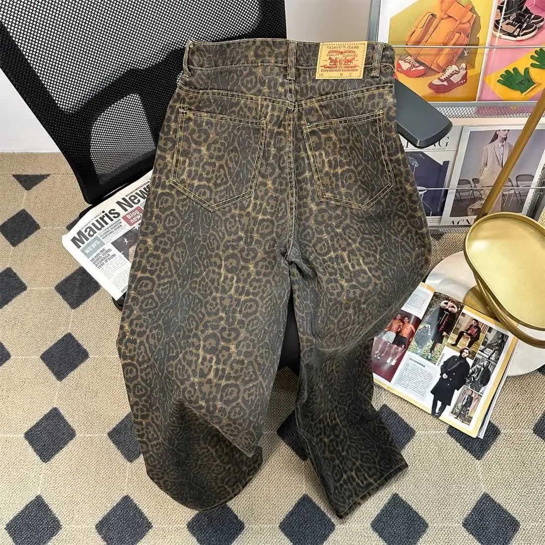 2024 new trendy brand ins leopard print pants for men American Y2K retro high street trousers heavyweight loose casual jeans