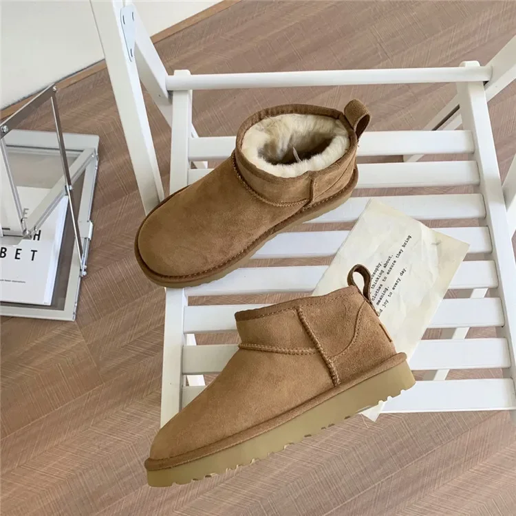 2023 Super Mini Classics Winter Women Snow Boots Real Sheepskin Wool Warm Low-cut Fur Shoes Slippers Man Winter Short Boots