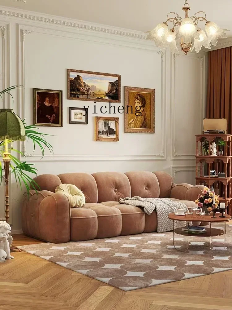 ZK French Cream Style Faux Leather Living Room Small Apartment Brown Retro Cotton Candy Sofa