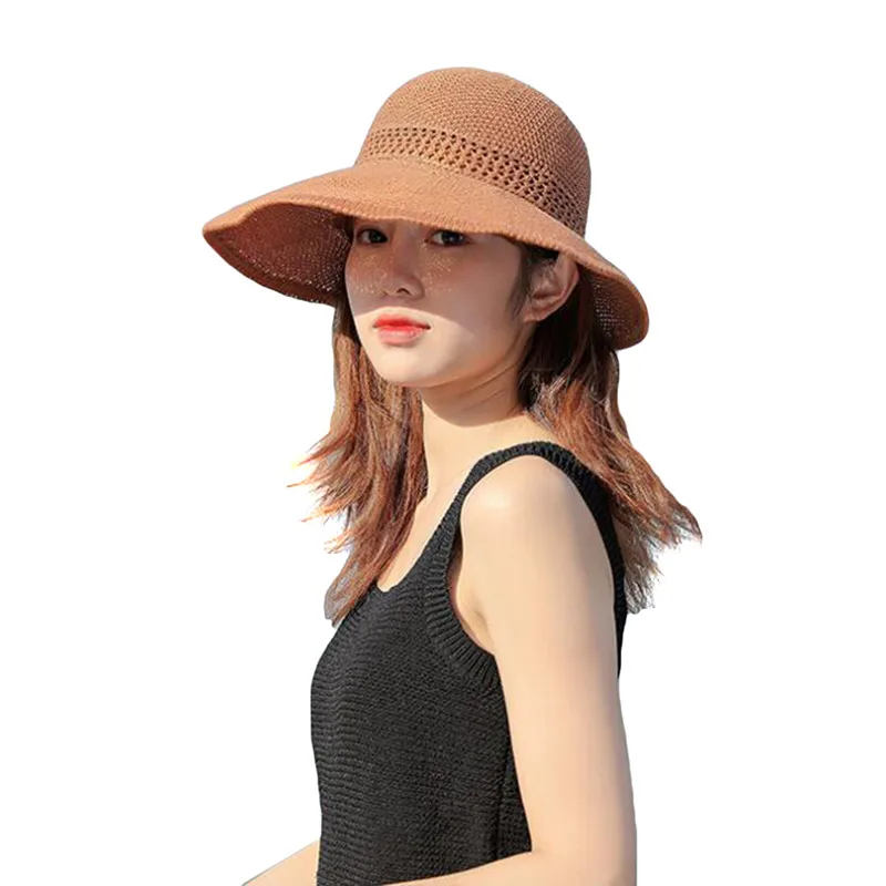 Elegant Summer Large Brim Straw Hat Adult Women Girls Sun Hat Hollow Out Bow Summer Beach Hat