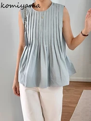 O-neck Pleated Shirts & Blouses Sleeveless Blusas 2024 New Trendy Unique Camisas Loose All Match Ropa Mujer Summer Tops