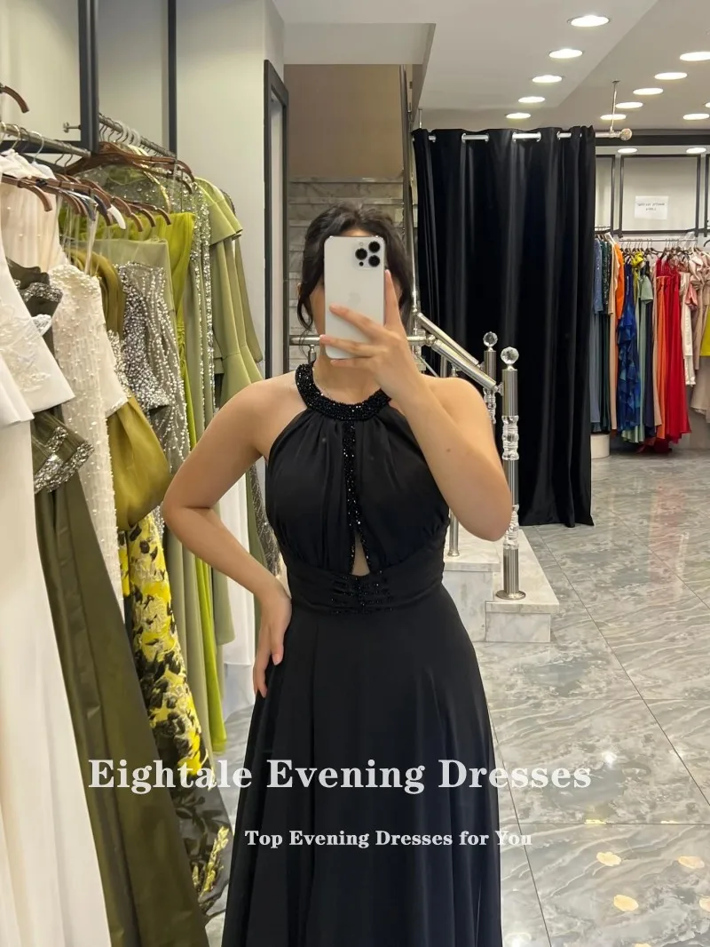 Eightale árabe vestido de noite halter a linha personalizado chiffon preto alta fenda até o chão baile de formatura vestido de festa de casamento