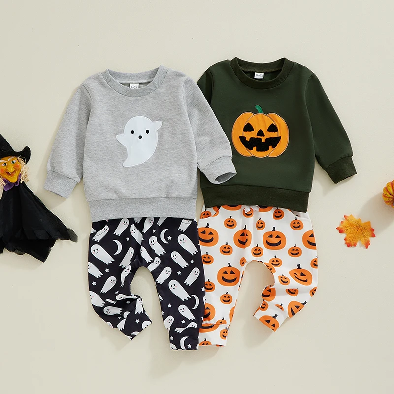 2024-06-20 Lioraitiin Baby Halloween Set, Ghost/Pumpkin Print Long Sleeve Crew Neck Sweatshirt with Elastic Waist Sweatpants