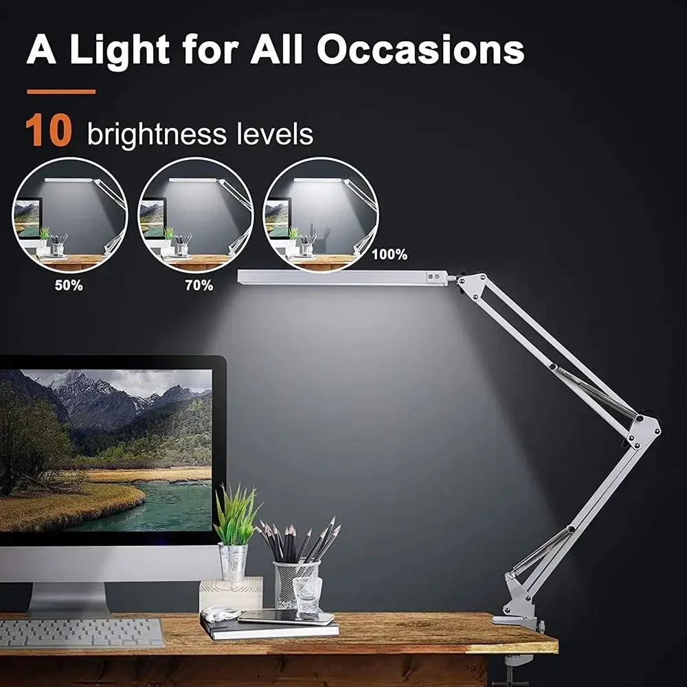 Bright Desk Lamp for Work/Study LED Reading Lamp 3Colors 10 Brightness Dimmable Desk Light Double Swing Arm LED Table Desk Light