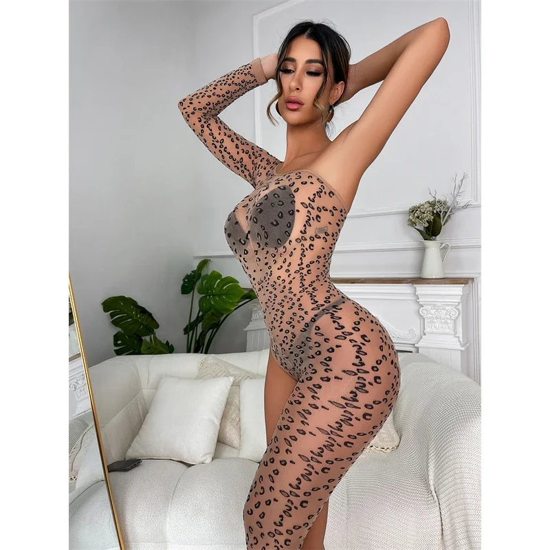 Lencería Sexy asimétrica para mujer, Camisón con estampado de leopardo, medias de cuerpo, nalgas abiertas, ropa interior