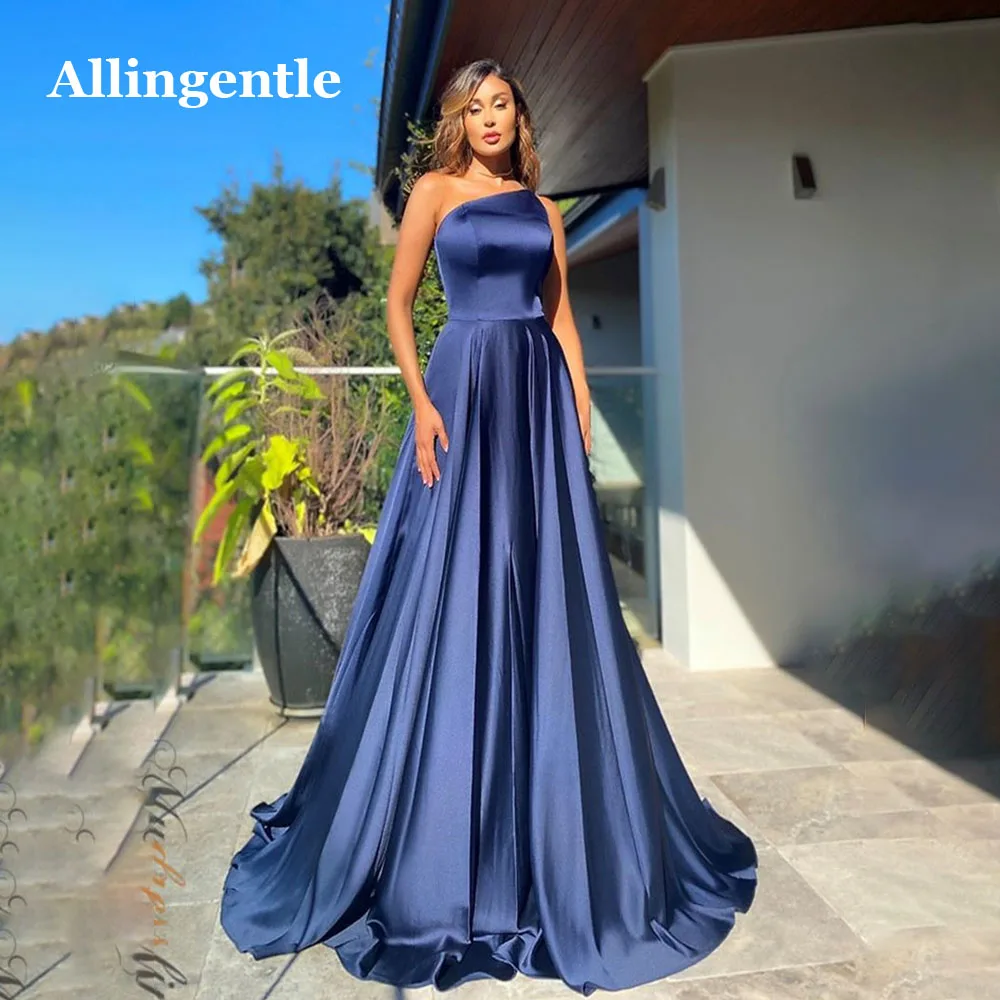 Allingentle Navy Blue One Shoulder Simple Prom Dresses Long 2023 Satin Elegant A-Line Evening Party Gown فساتين للحفلات الراقصة