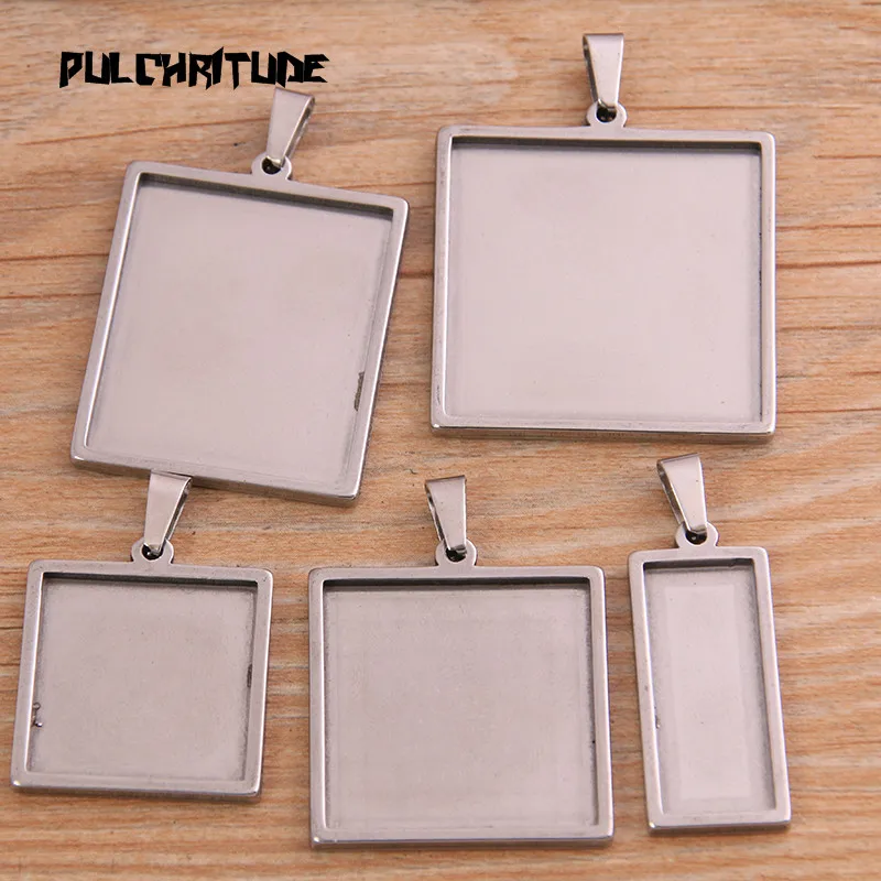 2pcs/lot Silver color color 5 Styles Stainless Steel Square Cabochon Base Setting Diy Blank Pendant Tray For Necklace Making