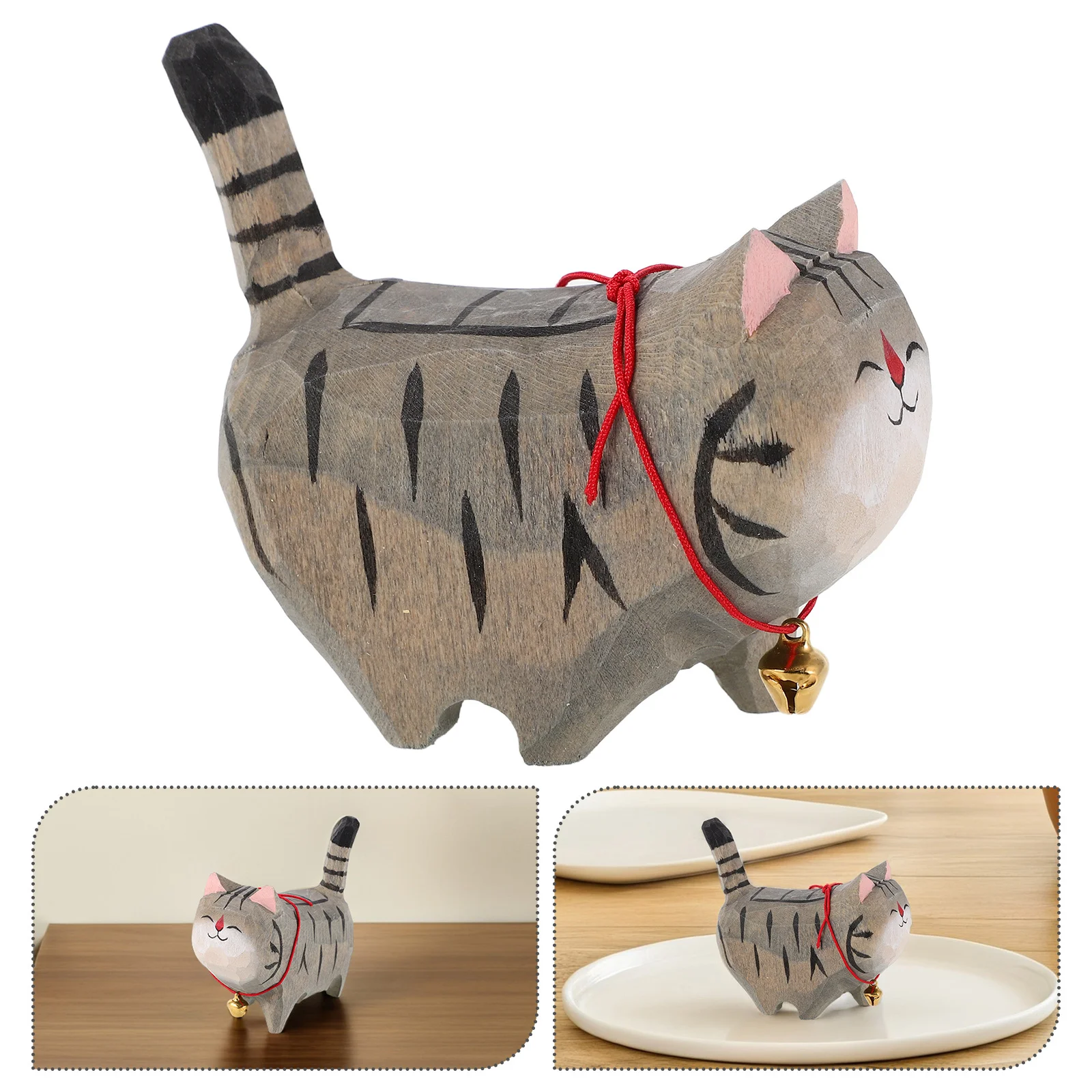 

Wood Cat Ornament Hand Carved Mini Cute Small Cat Statue with Bell for Home Office Car Kitten Wood Statues Kitten Sculptures
