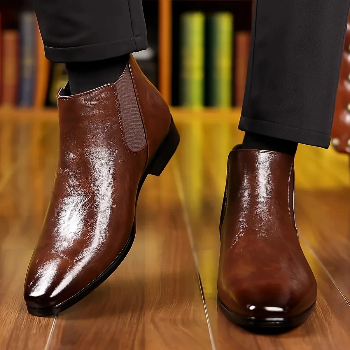 Leather Chelsea Boots Men's Spring Autumn High Top Pointed Toe Soft Leather Breathable Short Boots Casual Slip-On Shoes