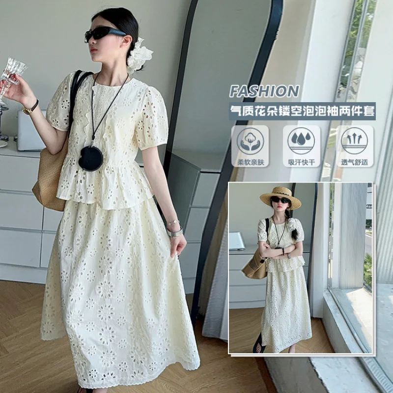 Teenager Girl Beige Sweet Dress Clothes Set Hollow out Bubble Sleeves Flounce Tops+long skirt 2pc junior Kid Suit Child Outfits