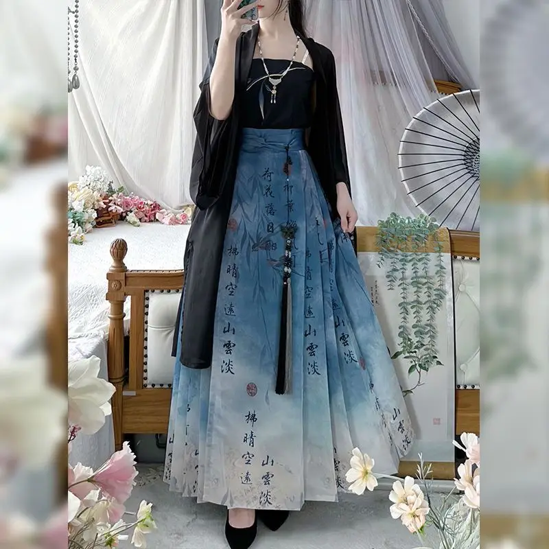 Ancient Chinese Hanfu Costume Women Horse Face Skirt 3pcs Sets Photography Party Dress Summer Hanfu Black&Blue Sets Plus Size