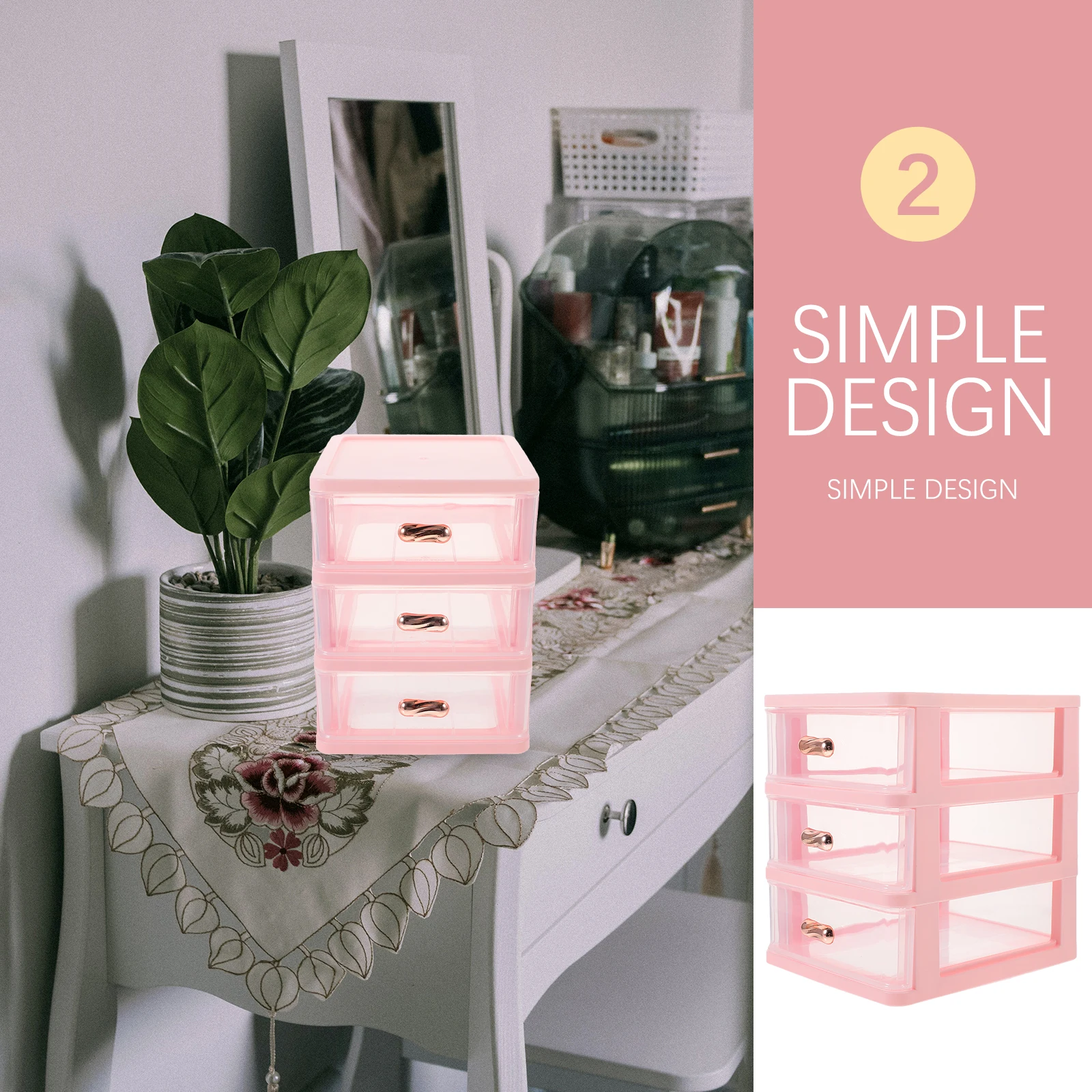 

Storage Drawers Box Rack Desk Organizer Small Desktop Plastic with Pink Bins for