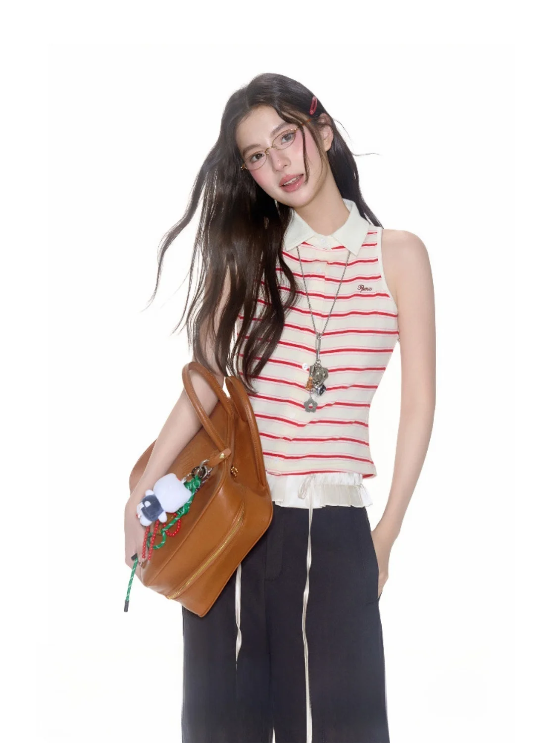 

FPMZ Basic Embroidered Stripe Slim Fit Svel Vest Summer Outdoor Wear Turn-down Collar oulder-digging Top College Sle