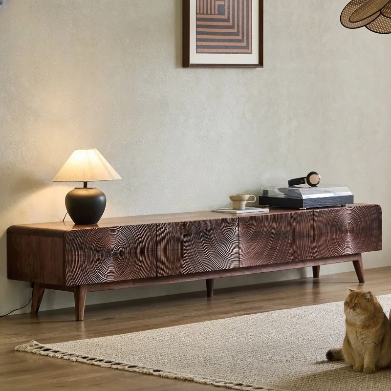 North American black walnut full solid wood carving Italian light luxury simple TV cabinet, storage wall cabinet living room low