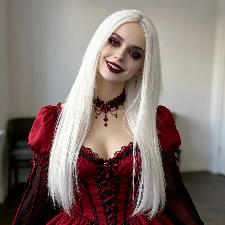 White Center-Parted Long Straight Synthetic Wig - Halloween Retro Dark Vampire Cosplay Wig - High Temperature Silk Wig Cap image 3