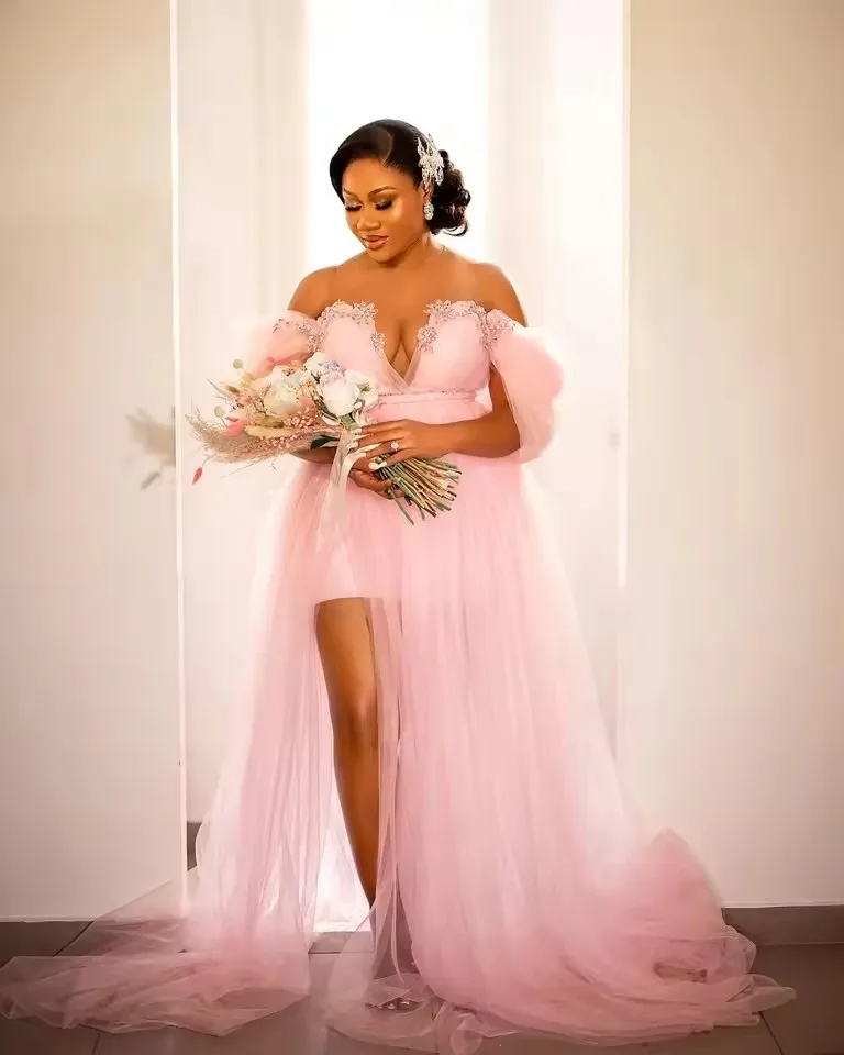 Sweet Pink Split Long Tulle Bridal Dresses Appliques Short Cap Sleeves Tutu Tulle Wedding Robe Customized 2025