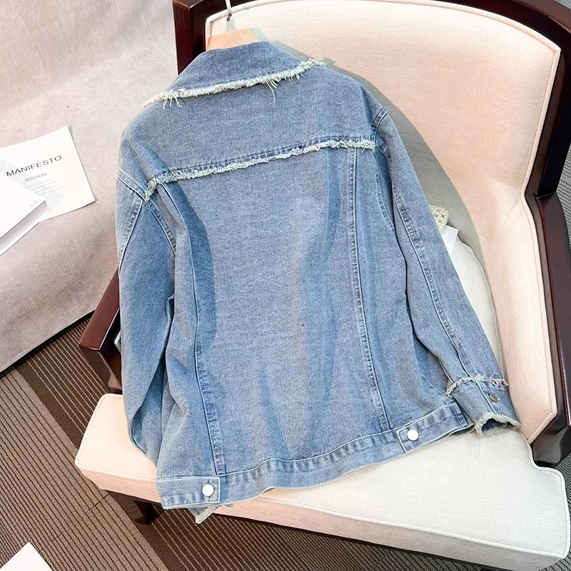 Denim Jacket Women Spring Autumn 2023 New Vintage Loose Port Style Jeans Jackets Female Broken Hole Single breasted Top Coat