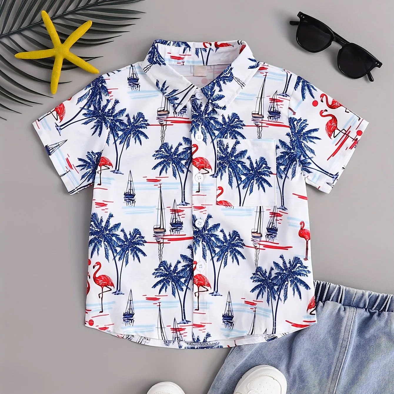 Boys Cartoon Animal Floral Pattern Cute Shirt Short Sleeve Casual Comfy Button Up Loose Breathable Summer Holiday Collar Shirt