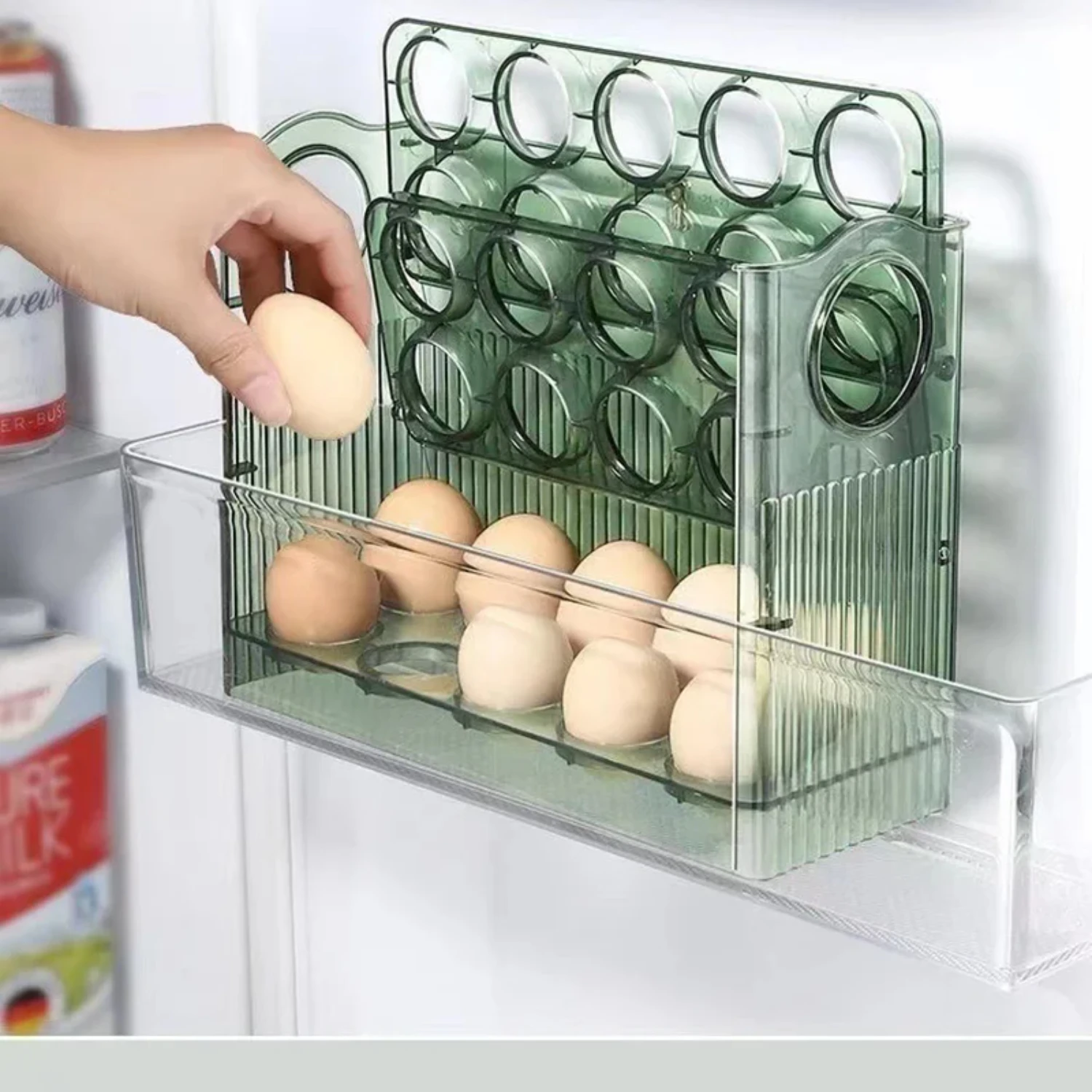 The egg  box adopts an automatic flipping design  and the refrigerator side door keeps it fresh organize the egg tray