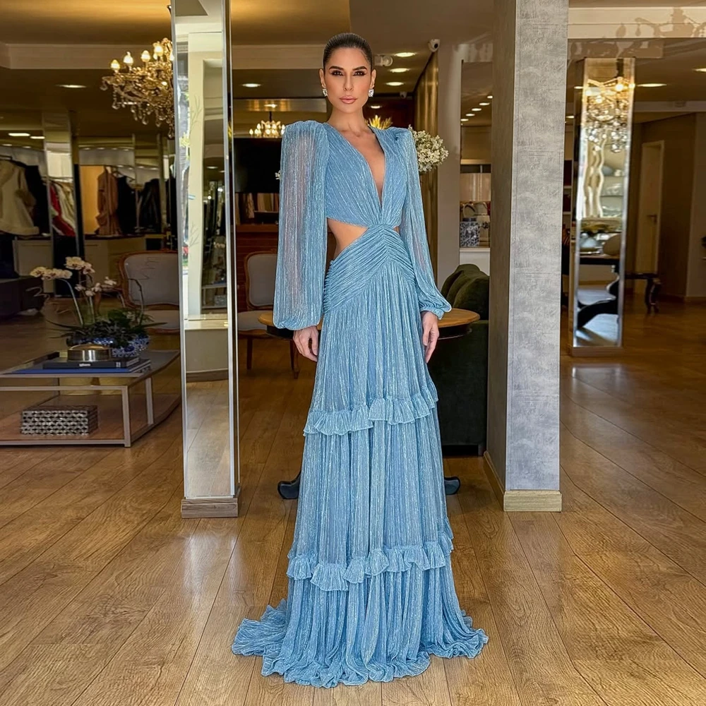

Fashion Pleated Tiered Maxi Dress with Long Sleeves Sexy Deep V-Neck Women's Formal Occasions Gowns Ruffles Mesh Evening Dresses