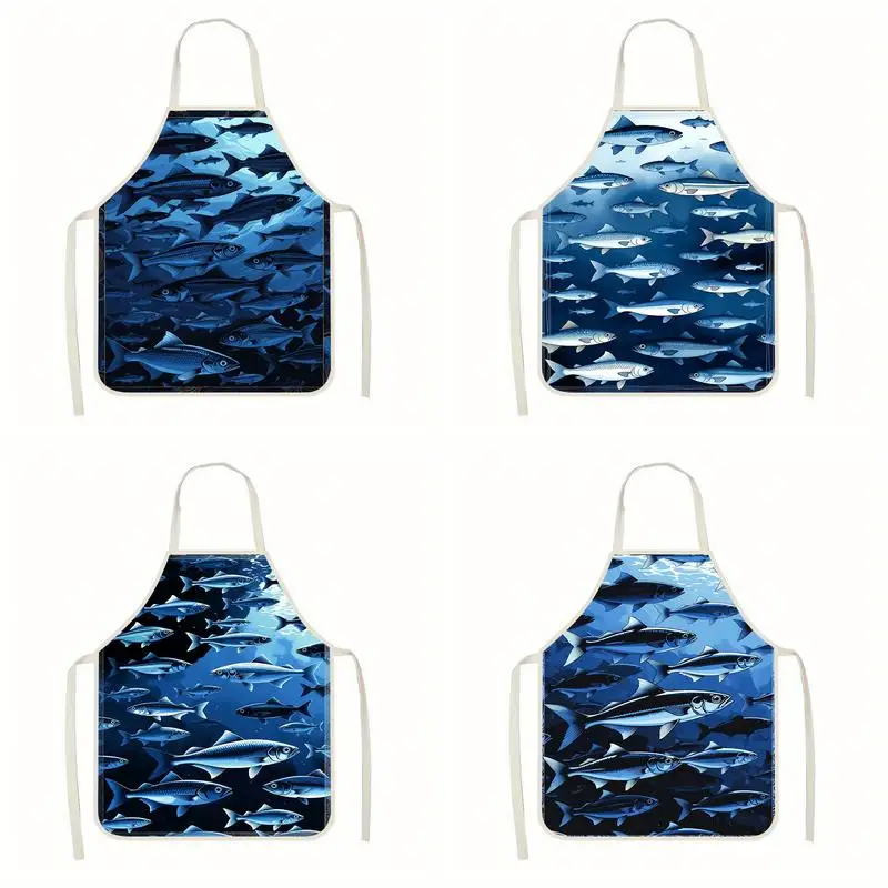 

Schooling Fish Print Apron Linen Apron, Suitable For Kitchen Cooking, Parent-Child Interaction, Painting And Other Scenarios
