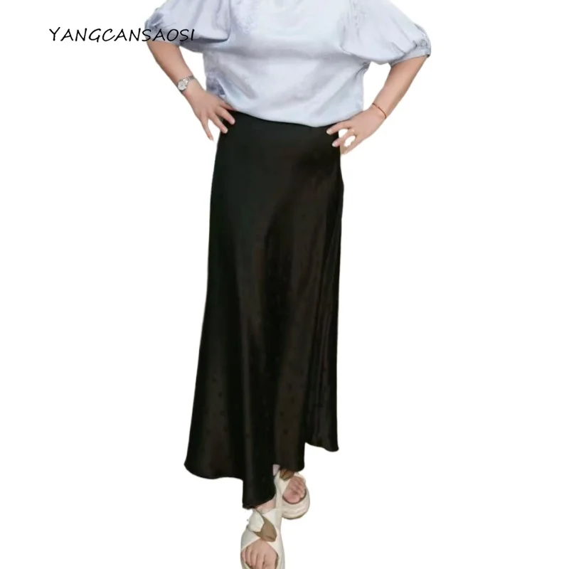 

2025 Women's Early Autumn New 93% Natural Mulberry Silk Square Jacquard Elastic SangBo Satin Casual High Waisted Fishtail Skirt