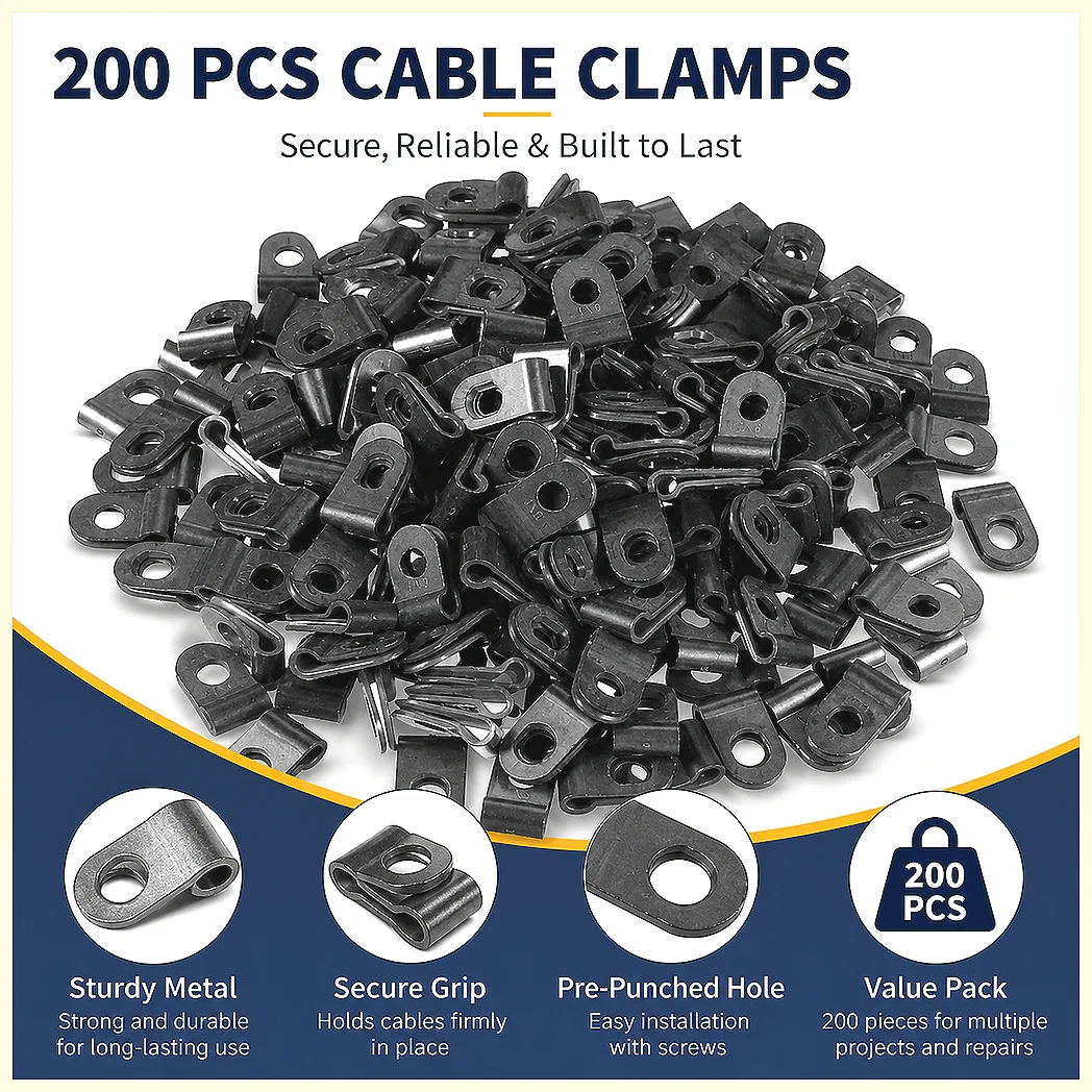 200Pcs Nylon R-Type Cable Clamp Kit 3.1mm 5mm 10.4mm Wire Organizer Cord Clips Black for Desk Car Home Management