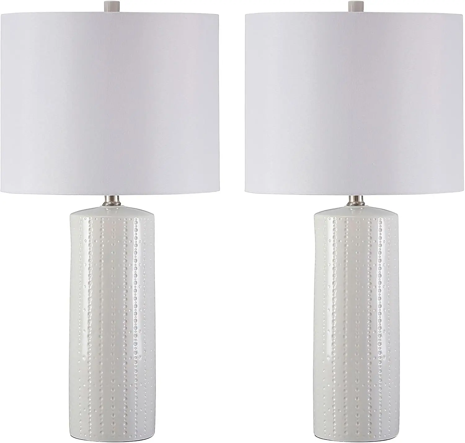 Table Lamp Set of 2, White Ceramic, 3-Way | Textured white ceramic base with soft drum shade, 25-inch height elevates living room end tables, Steuben Series