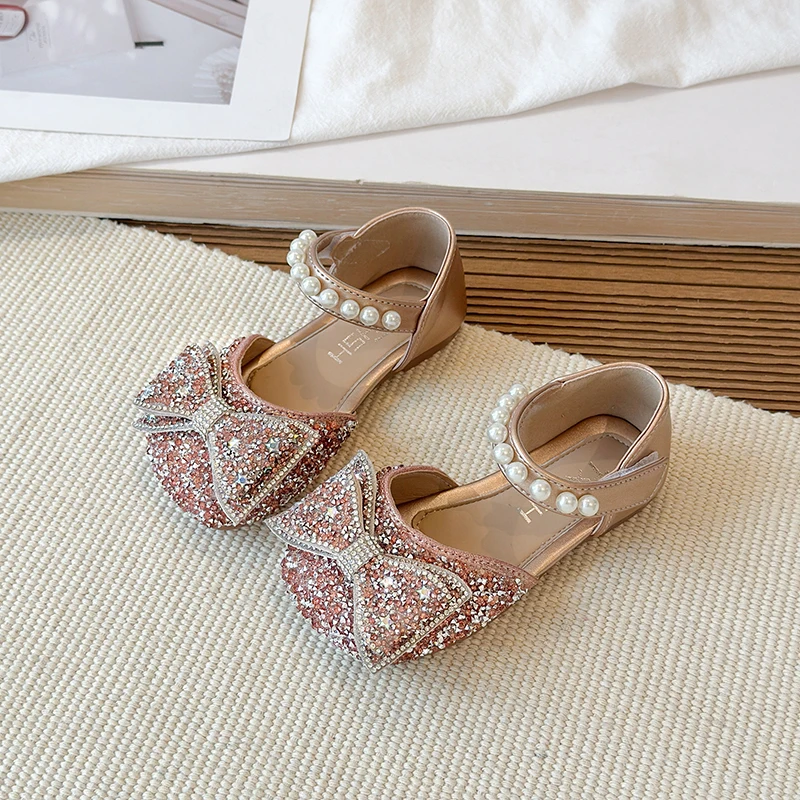 Girls' Leather Shoes 2026 New Rhinestone Single Shoes Fashionable Girls' Bow Princess Shoes Children's Toe Cap Crystal Sandals