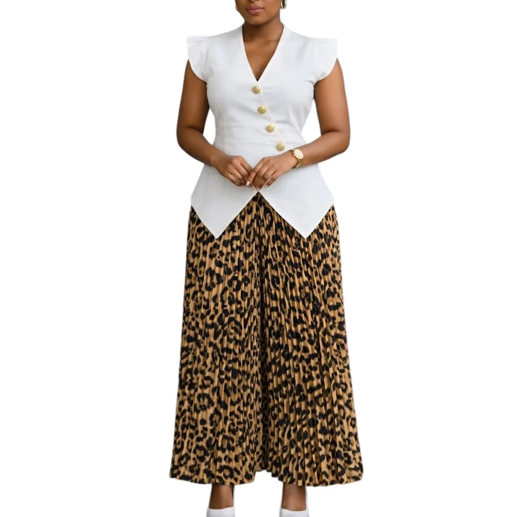 D632 Fashionable Sleeveless Buttoned Solid Color V-neck Top And Printed Pleated Wide-leg Pants Two-piece Set Birthday Dress Sexy view 6